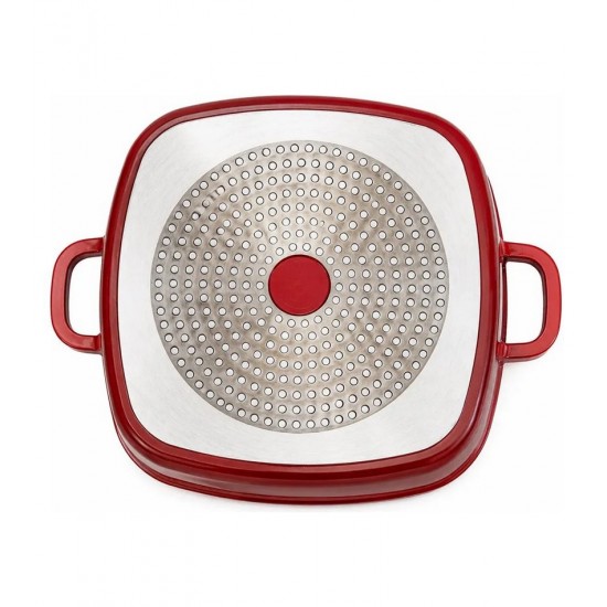 Caçarola 28cm Quadrada Vermelho Com Tampa De Vidro Fundo Indução